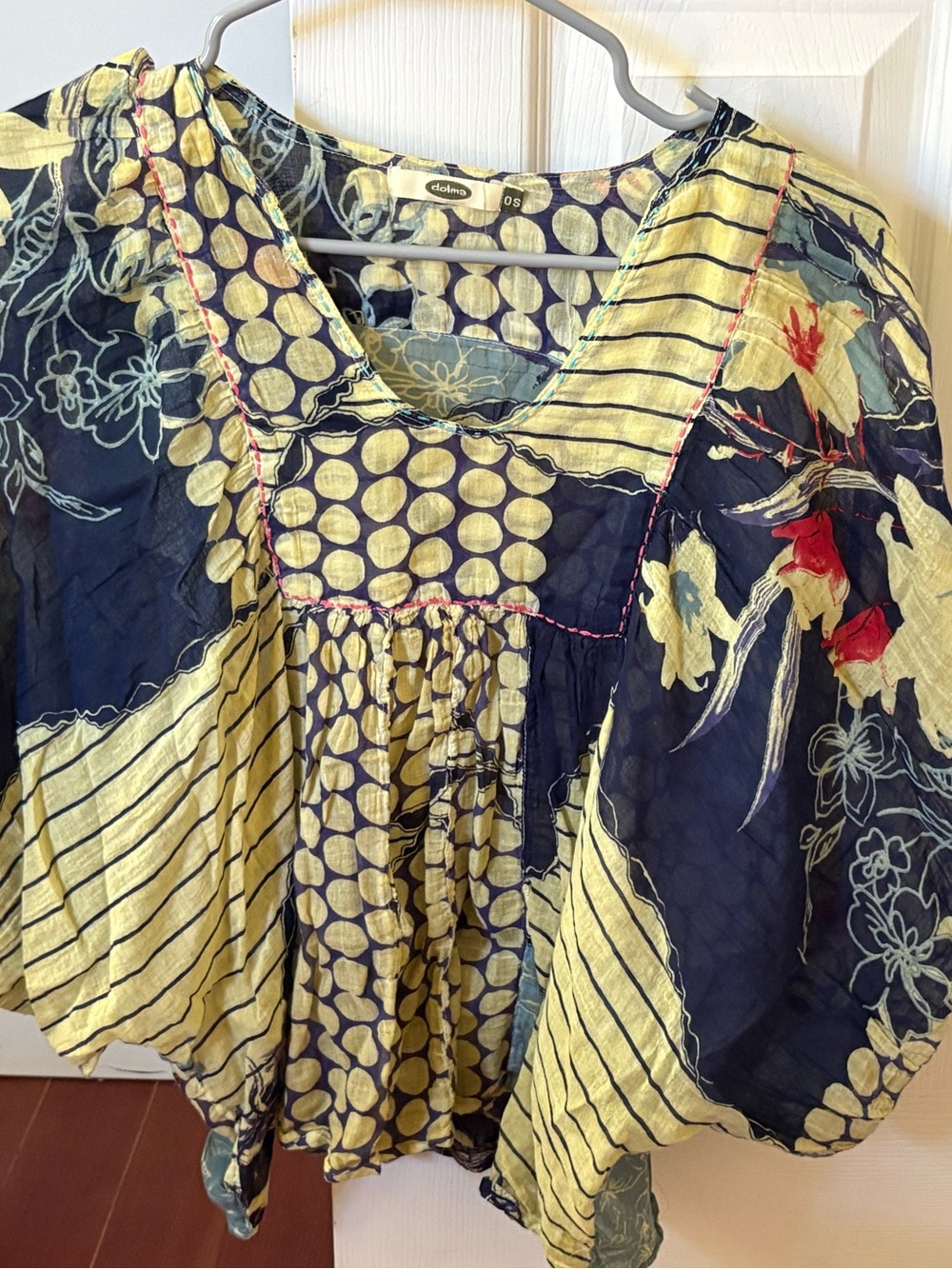 Dolma Yellow & Navy Mixed-Print Women's Blouse